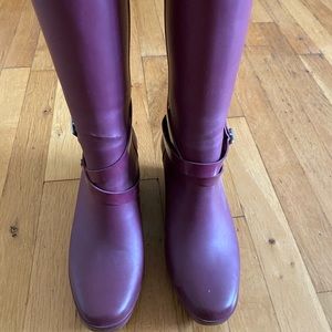Hunter wedge red/burgundy tall rain boots.